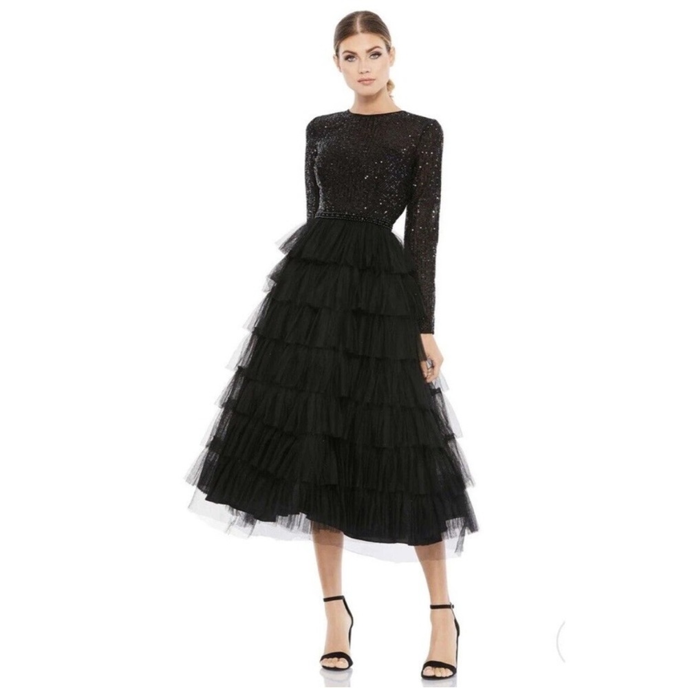 Mac Duggal Black Sequin Midi Dress NWOT